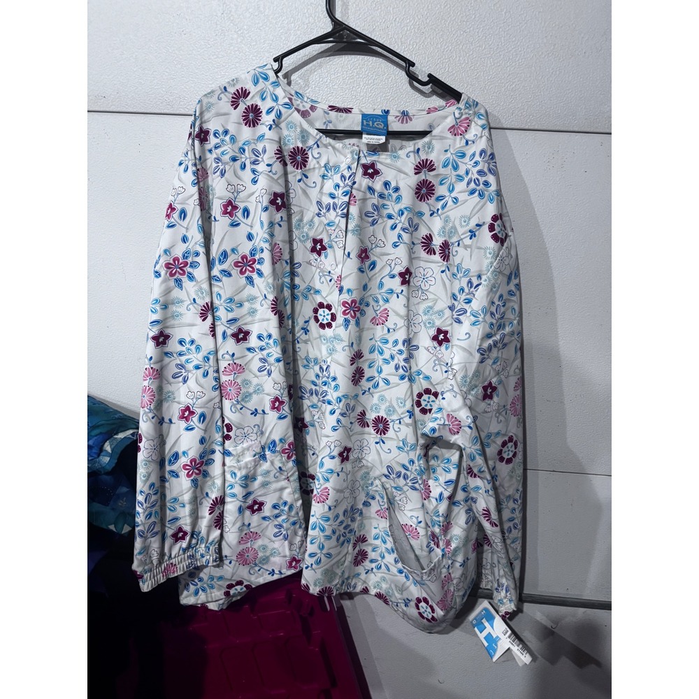 Scrub HQ Womens 5XL Floral Snap Front Warm Up Jacket Scrub Top White Pink Blue